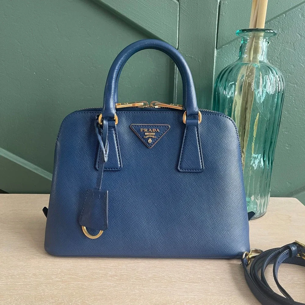 Prada Saffiano Dome Blue Mini Crossbody Bag Gold HW - Picture 1 of 14